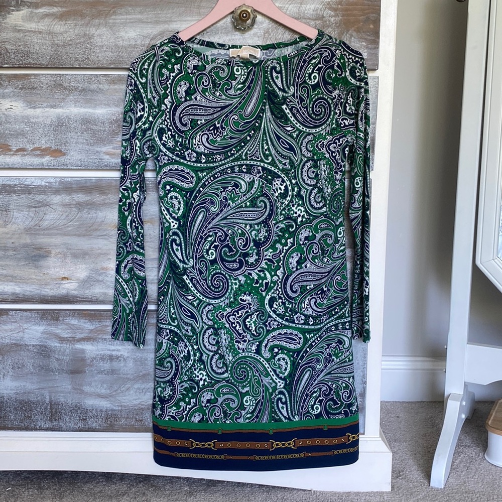 Michael Kors Navy and Kelly Green Long Sleeve Dress